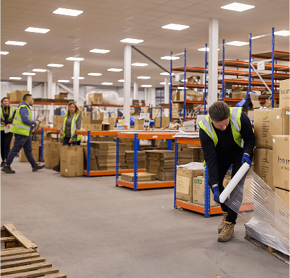 Team members securely wrapping pallets in a warehouse, ensuring safe and compliant packing for ecommerce and Amazon FBA UK shipments